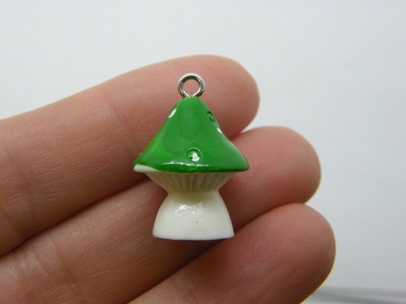 8 Mushroom green and white charms resin L387