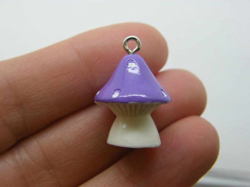 8 Mushroom purple and white charms resin L382