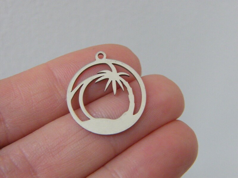 2 Palm tree dessert island circle charms stainless steel T114