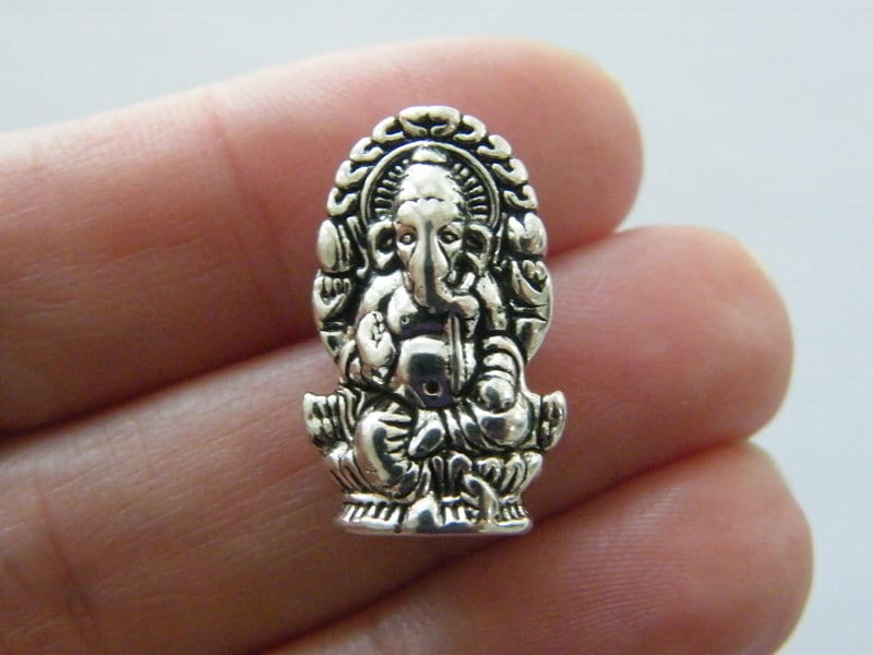 6 Elephant Ganesha beads antique silver tone R12