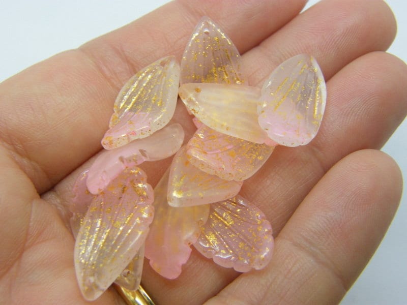 10 Leaf  charms pink glitter dust glass L350