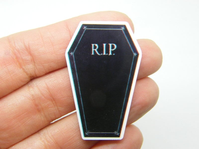 12 R.I.P. coffin Halloween embellishment cabochons printed black white resin HC194