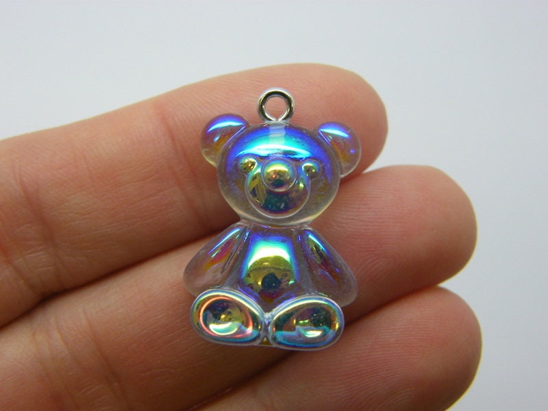 6 Blue teddy bear pendants AB resin P613
