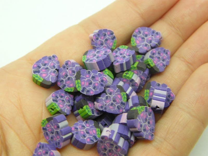 30 Bunch of grapes fruit beads purple and green polymer clay FD540 - SALE 50% OFF