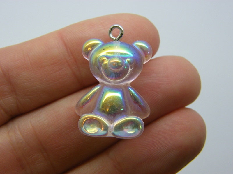 6 Clear teddy bear pendants AB resin P545