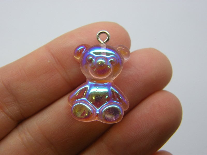 6 Pink teddy bear pendants AB resin P615