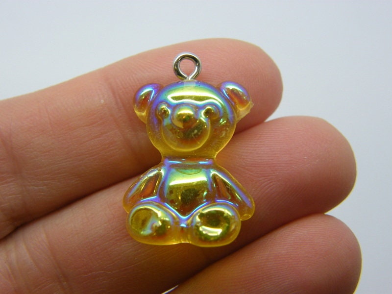 6 Yellow teddy bear pendants AB resin P609