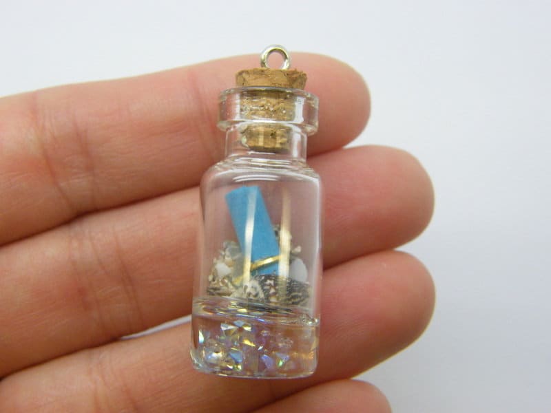 2 Message letter in a bottle shells blue pendant glass FF693