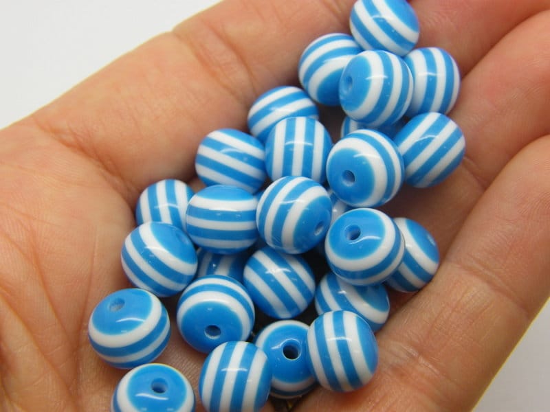 50 Sky blue and white striped resin beads 10mm BB803 - SALE 50% OFF