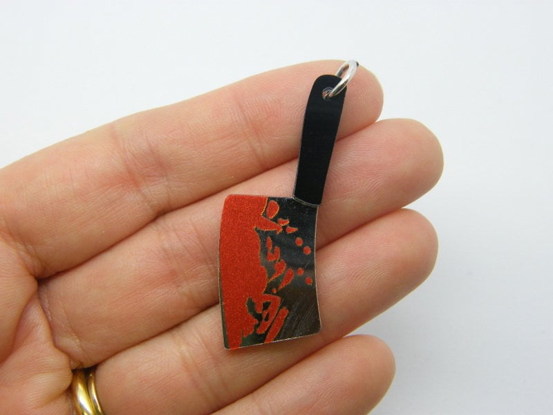BULK 10 Bloody meat cleaver knife charms red black silver acrylic HC606