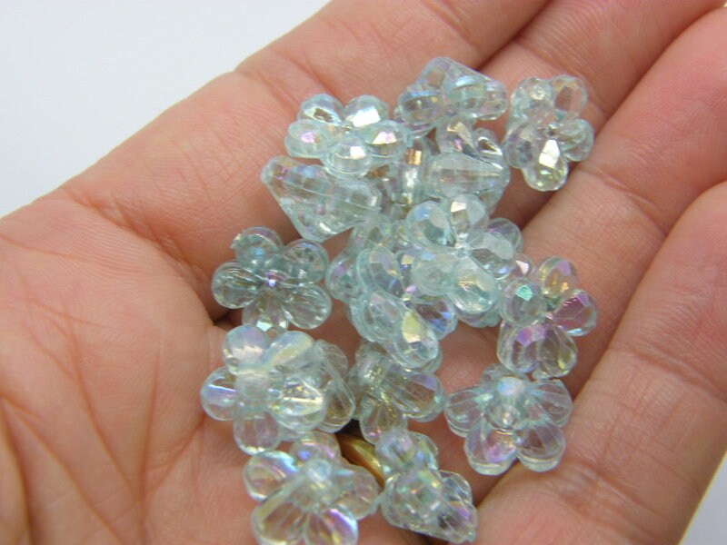 80 Flower beads blue AB acrylic AB463  - SALE 50% OFF