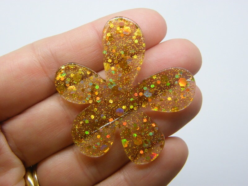 4 Flower pendants clear gold glitter sequins acrylic F543