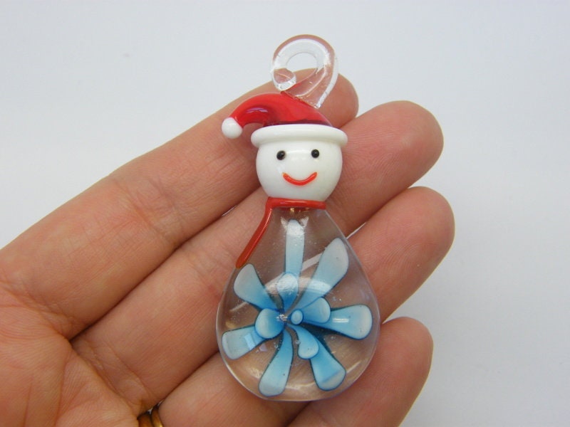 1  Snowman Christmas flower pendant blue handmade lamp work glass CT