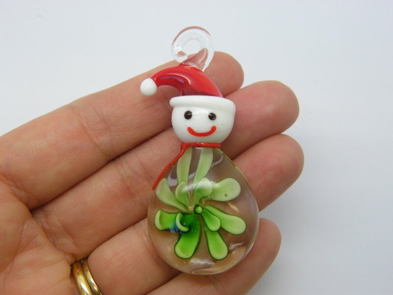 1  Snowman Christmas flower pendant green handmade lamp work glass CT