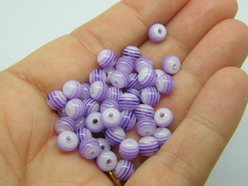 100 Lilac purple striped beads 6mm resin AB459