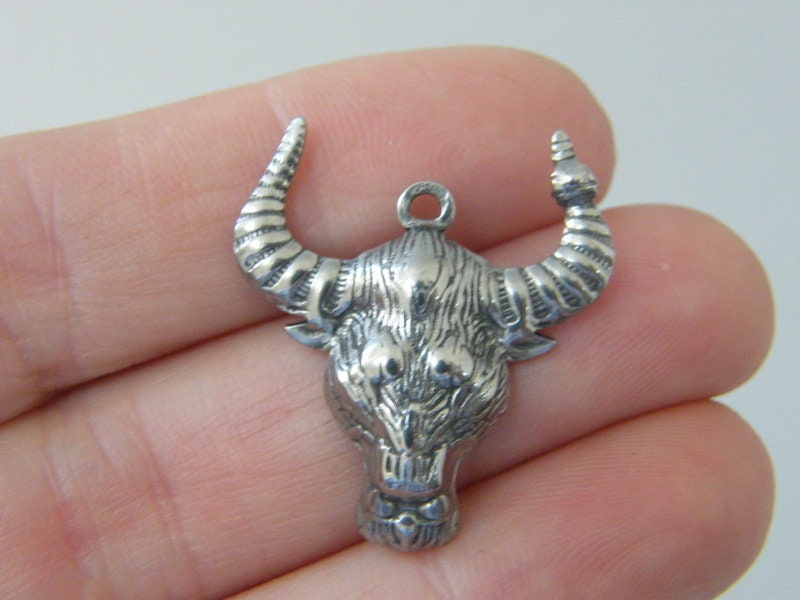 1 Ox head charm dark silver tone stainless steel A1226
