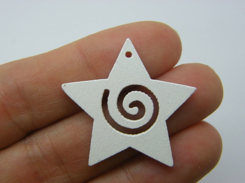 40 White wooden star spiral pendants S127