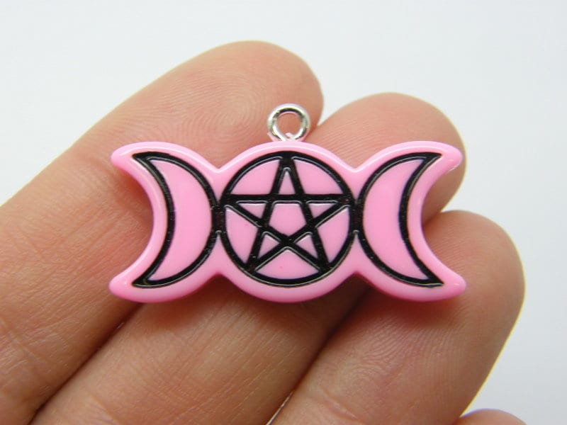 2 Triple moon pentagram pendant pink black resin HC452