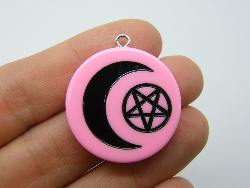 2 Moon pentagram pendant pink black resin HC453