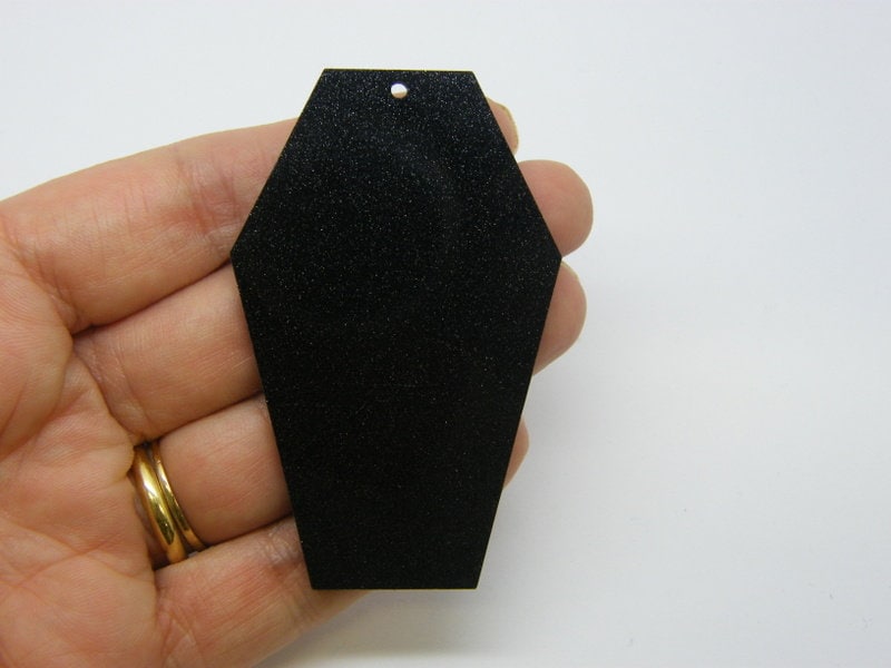 2 Coffin black glitter dust acrylic pendants HC285