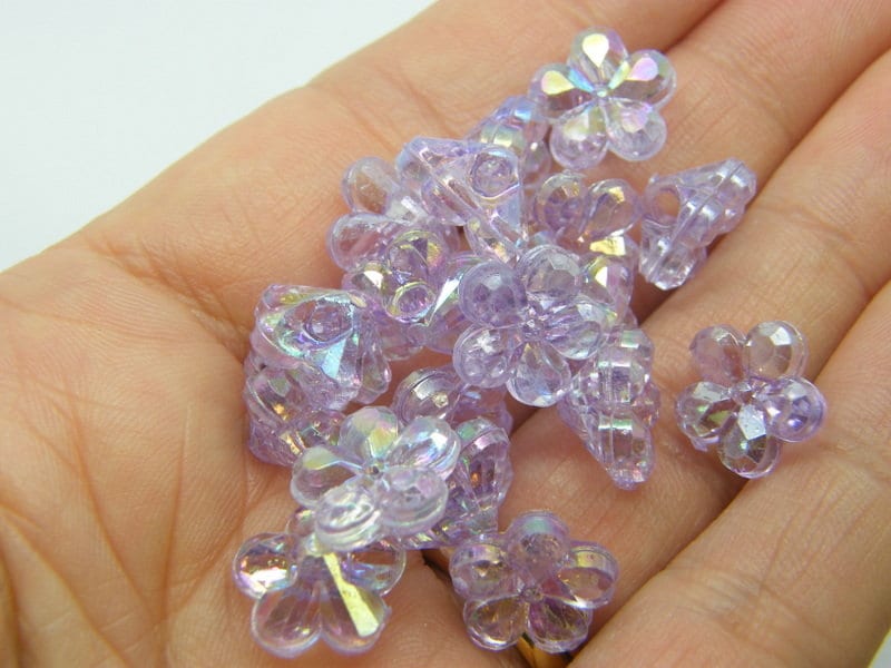 80 Flower beads lilac AB acrylic AB465 - SALE 50% OFF