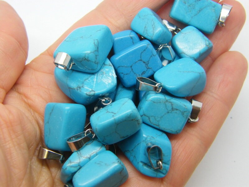 8 RANDOM shaped synthetic turquoise pendants stainless steel bail M453