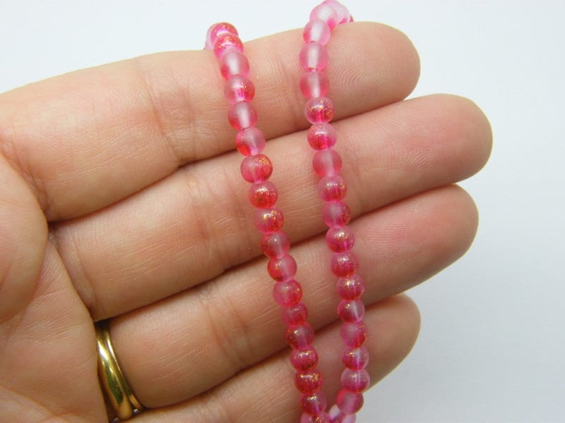95 Beads pink fuchsia with gold foil glass B222 - SALE 50% OFF