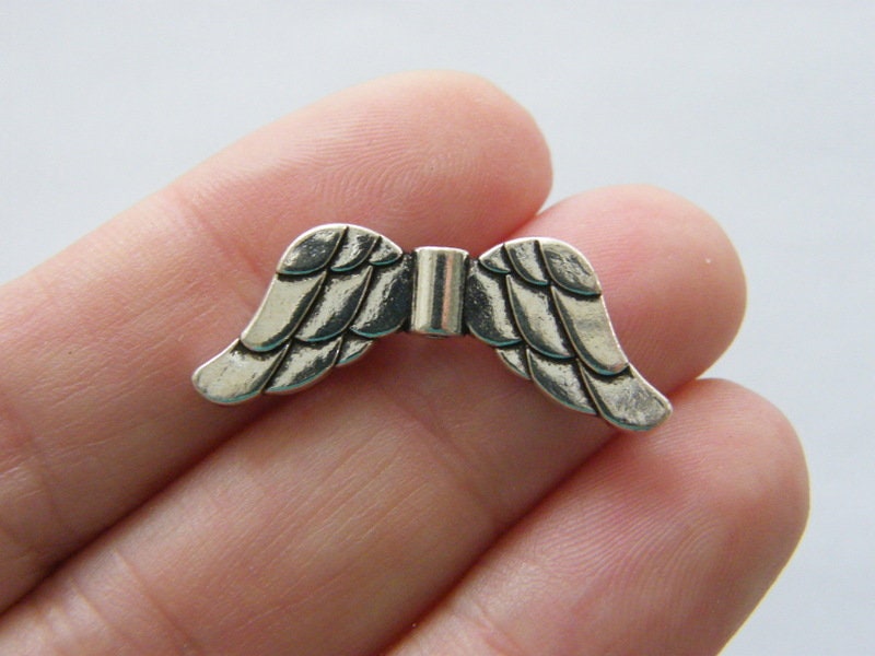 10 Angel wing bead antique silver tone AW115