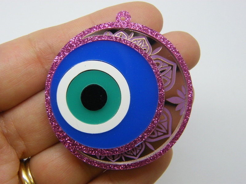 2 Stunningly beautiful evil eye pendants pink blue acrylic I70