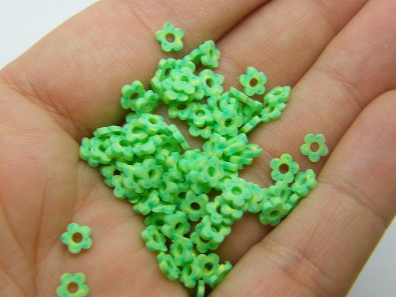 310 Flower beads 5mm green with a hint of yellow polymer clay B147  - SALE 50% OFF