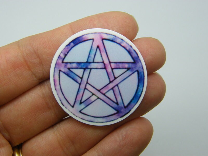 8 Beautiful printed Pentagram embellishment cabochons white shades of purple and pink black resin HC642
