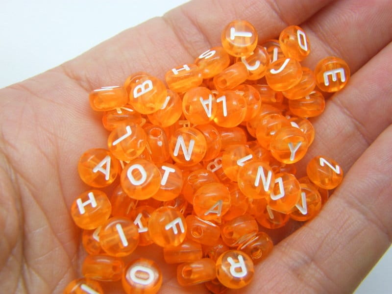 100 Letter beads orange and white RANDOM beads AB472 - SALE 50% OFF