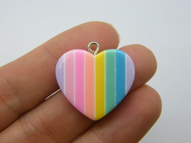 2 Rainbow pastel stripe heart pendants resin H283