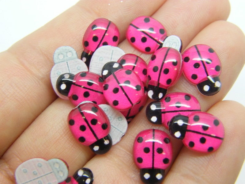 20 Ladybug embellishment cabochons fuchsia pink resin A1092