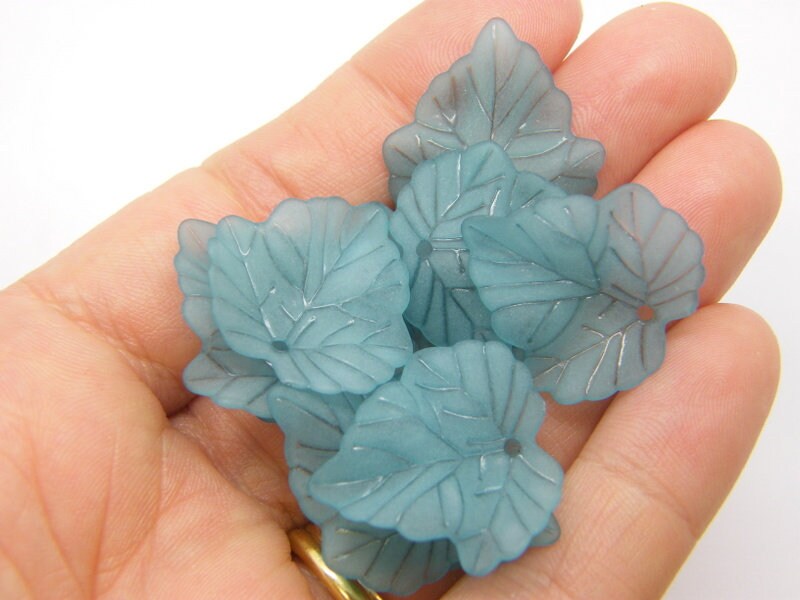 50 Steel blue frosted acrylic leaf charms L 27