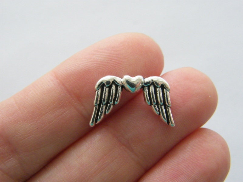 12 Angel wing heart bead antique silver tone AW94