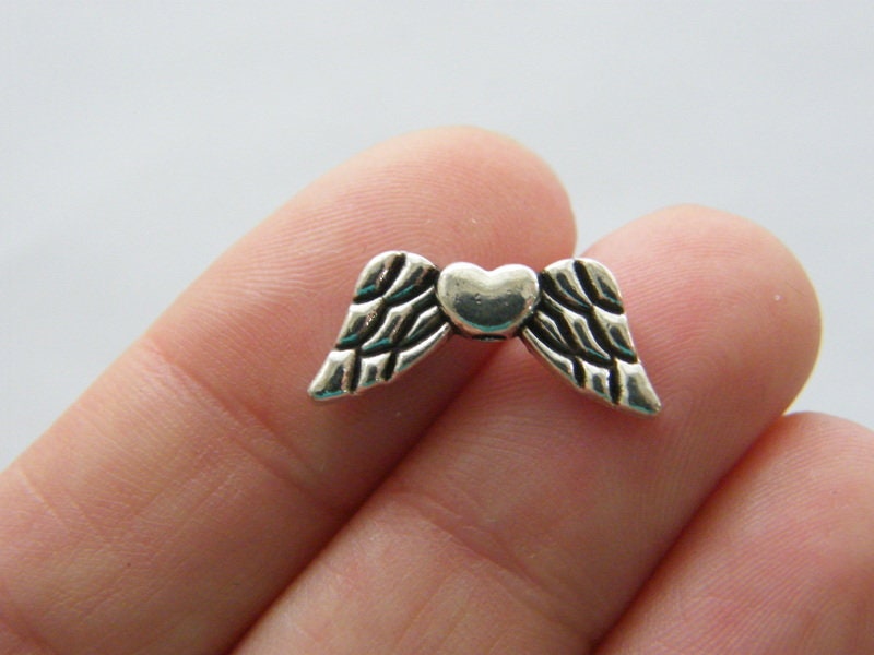 12 Angel wing heart spacer beads antique silver tone AW95