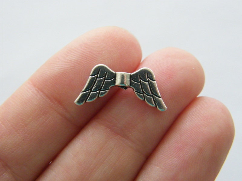 12 Angel wing bead antique silver tone AW103