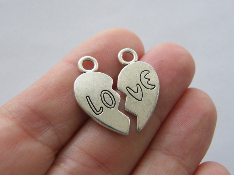 BULK 25 Love heart set charms antique silver tone H289 - SALE 50% OFF