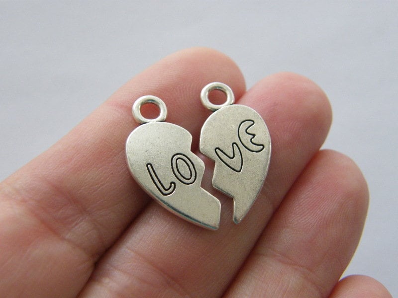 10 Left and 10 right love heart set charms antique silver tone H289
