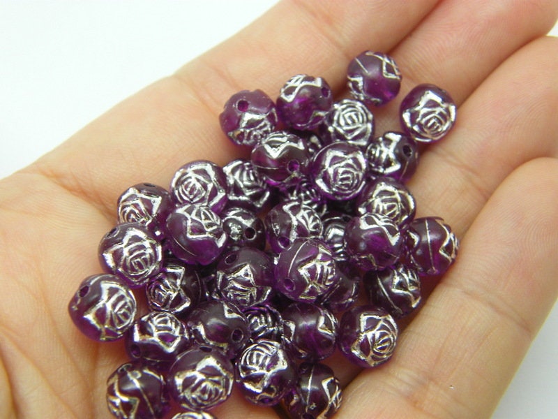 100 Purple silver rose beads AB 8mm acrylic  AB507  - SALE 50% OFF