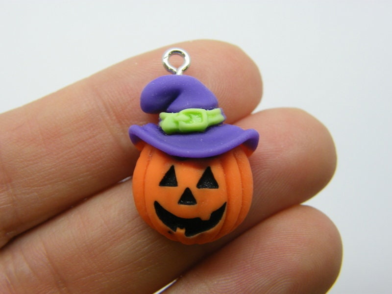4 Pumpkin Halloween charms orange purple resin silver screw bails HC231