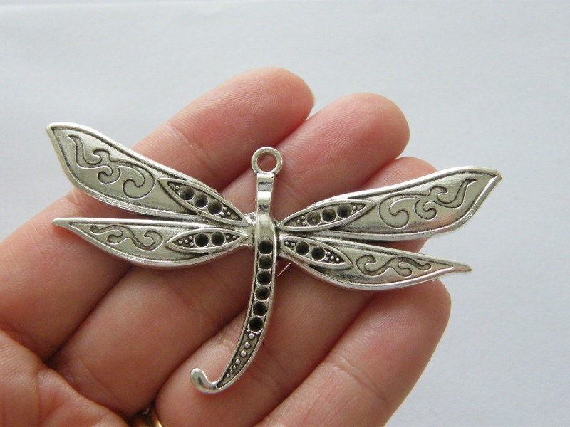 4 Large  Dragonfly pendants antique silver tone A459