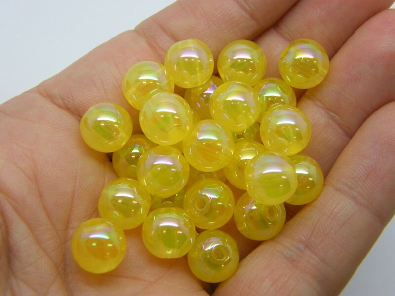 100 Imitation jelly beads 10mm yellow AB acrylic BB362  - SALE 50 %OFF