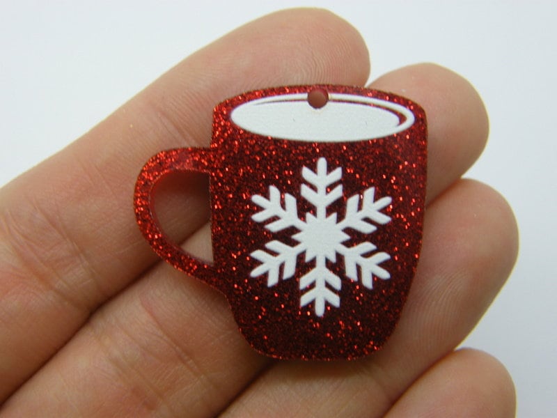 2 Hot chocolate mug snowflake red glitter acrylic s charms CT68