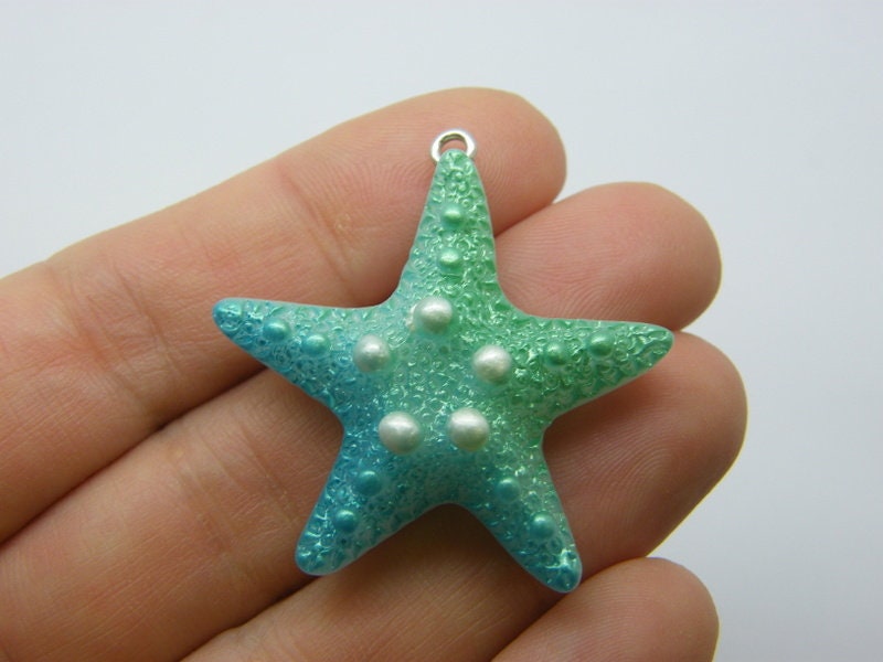 4 Starfish pendants green blue resin FF362