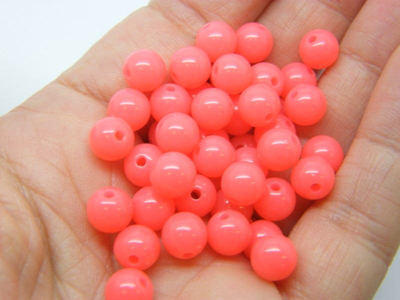 100 Watermelon pink fluorescent beads 8mm round acrylic AB518