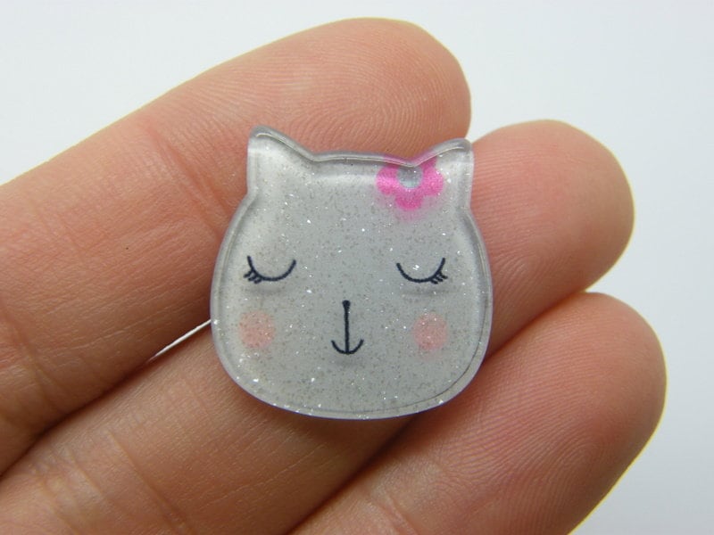 8 Cat embellishment cabochons glitter dust grey pink plastic A1111