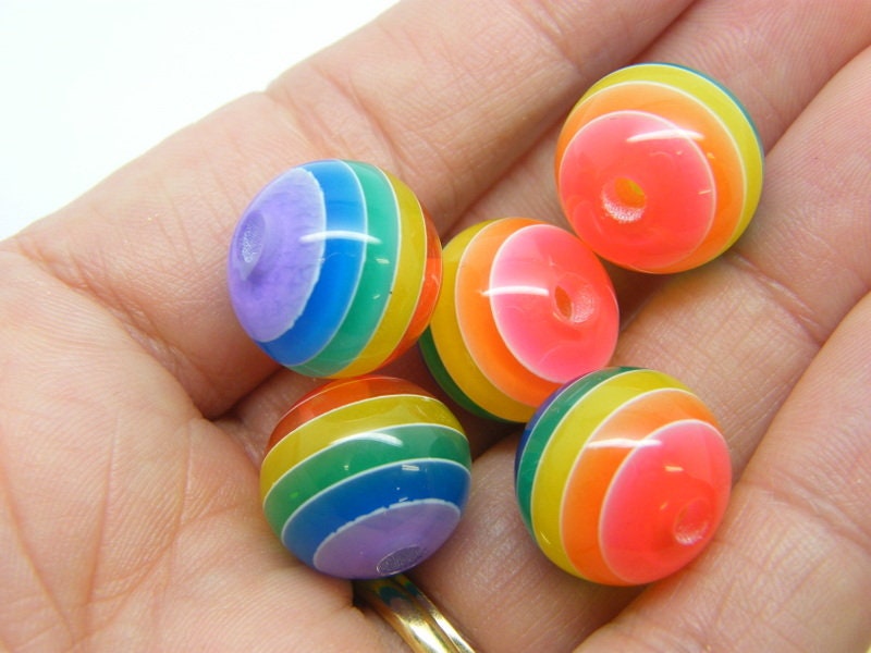 10 Rainbow and white stripe 16mm resin beads BB354  - SALE 50% OFF