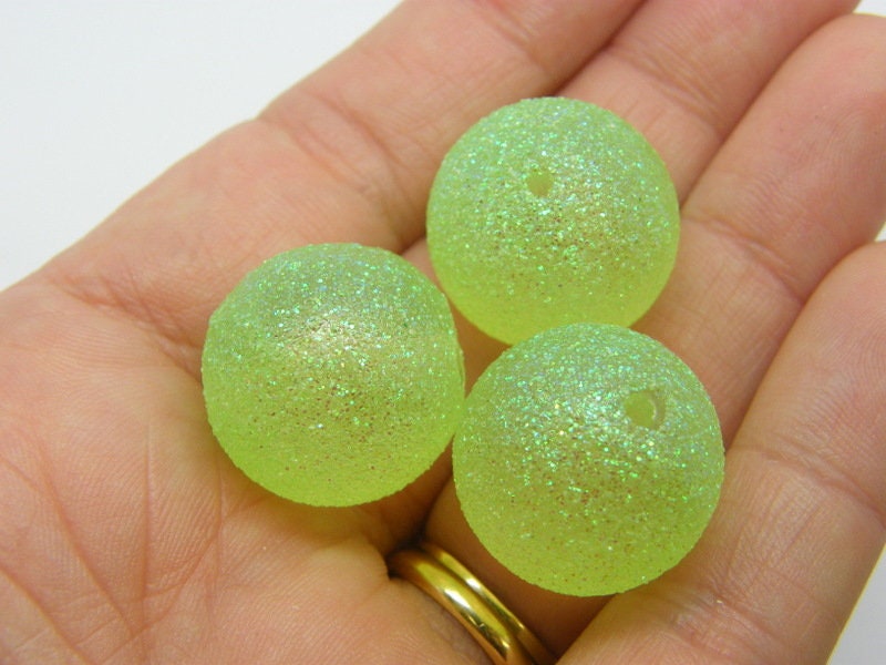 10 Glitter beads lime green  20mm acrylic AB583  - SALE 50% OFF